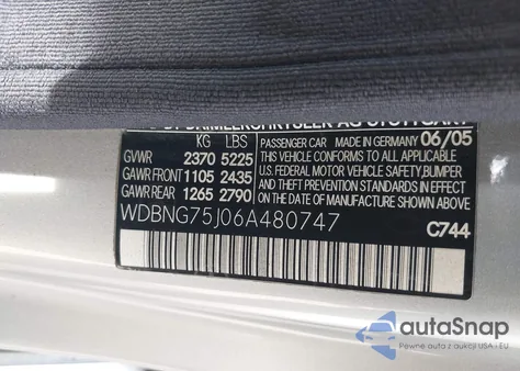 2006 Mercedes-Benz S 500 из США, поврежденный, VIN WDBNG75J06A480747